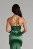Vert foncé spaghetti bretelles satin sirène longue robe de demoiselle d’honneur