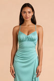 Robe de demoiselle d’honneur longue à bretelles en satin vert menthe
