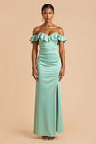Robe de demoiselle d’honneur longue en satin vert menthe à épaules dénudées