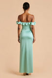 Robe de demoiselle d’honneur longue en satin vert menthe à épaules dénudées