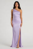 Robe longue de demoiselle d’honneur en satin lilas à une épaule