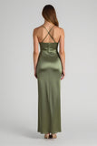 Olive spaghetti bretelles satin froncé gaine longue robe de demoiselle d’honneur