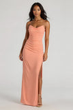 Sunset Spaghetti Bretelles Ruched Sheath Long Demoiselle d’honneur Robe avec Fente