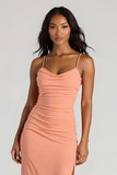 Sunset Spaghetti Bretelles Ruched Sheath Long Demoiselle d’honneur Robe avec Fente