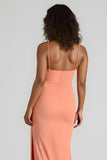 Sunset Spaghetti Bretelles Ruched Sheath Long Demoiselle d’honneur Robe avec Fente