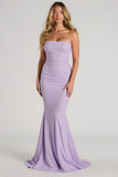 Robe longue de demoiselle d’honneur sirène sans bretelles lilas