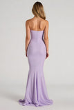 Robe longue de demoiselle d’honneur sirène sans bretelles lilas
