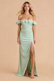 Robe de demoiselle d’honneur maxi épaule dénudée vert clair avec volants