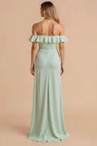 Robe de demoiselle d’honneur maxi épaule dénudée vert clair avec volants