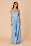 Bleu clair plissé A ligne spaghetti bretelles Maxi robe de demoiselle d’honneur