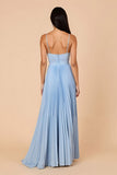 Bleu clair plissé A ligne spaghetti bretelles Maxi robe de demoiselle d’honneur