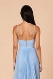 Bleu clair plissé A ligne spaghetti bretelles Maxi robe de demoiselle d’honneur