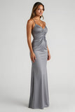 Gris acier Sirène Ruched Spaghetti Straps Robe longue de demoiselle d’honneur