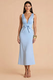 Robe de demoiselle d’honneur longue à col en V profond sirène bleu clair avec nœud