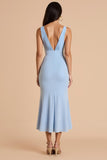 Robe de demoiselle d’honneur longue à col en V profond sirène bleu clair avec nœud