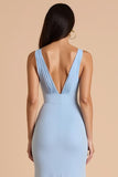 Robe de demoiselle d’honneur longue à col en V profond sirène bleu clair avec nœud