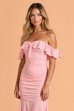 Blush Sirène froncée sur l’épaule Maxi robe de demoiselle d’honneur avec volants