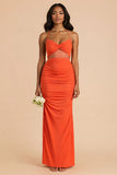 Fourreau orange froncé bretelles spaghetti découpées Maxi robe de demoiselle d’honneur