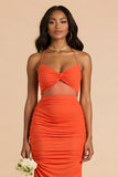 Fourreau orange froncé bretelles spaghetti découpées Maxi robe de demoiselle d’honneur