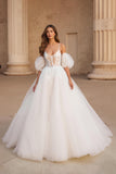 Ivoire spaghetti bretelles bal robe de bal balayage traîne robe de mariée avec dentelle