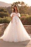 Ivoire Une Ligne Hors L’épaule Flutter Manches Court Train Robe De Mariée Avec Dentelle