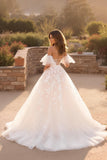 Ivoire Une Ligne Hors L’épaule Flutter Manches Court Train Robe De Mariée Avec Dentelle