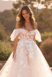Ivoire Une Ligne Hors L’épaule Flutter Manches Court Train Robe De Mariée Avec Dentelle