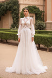 Col haut Une ligne Tulle dentelle ivoire Robe de mariée avec manches bouffantes