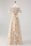 Fleur de champagne hors de l’épaule Corset Robe de demoiselle d’honneur trapèze avec fente