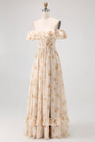 Fleur de champagne hors de l’épaule Corset Robe de demoiselle d’honneur trapèze avec fente