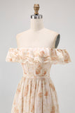 Fleur de champagne hors de l’épaule Corset Robe de demoiselle d’honneur trapèze avec fente