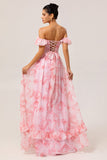 Fleur de champagne hors de l’épaule Corset Robe de demoiselle d’honneur trapèze avec fente