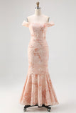 Robe d’invitée de mariage froncée imprimée sirène sirène à épaules dénudées