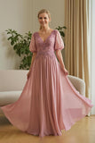 Dusty Rose Mousseline Appliquée Une Ligne Mère De La Mariée Robe Avec Manches Bouffantes