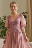 Dusty Rose Mousseline Appliquée Une Ligne Mère De La Mariée Robe Avec Manches Bouffantes