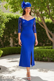 Fourreau Midi Bleu Royal Robe Mère de la Mariée à épaules dénudées avec dentelle