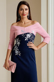 Bleu marine à épaules dénudées à manches 3/4 Robe de mère de la mariée avec appliques de dentelle