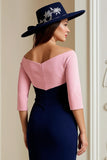 Bleu marine à épaules dénudées à manches 3/4 Robe de mère de la mariée avec appliques de dentelle