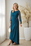 Paon bleu bateau col froncé manches bouffantes en mousseline de soie longue mère de la mariée robe avec perles