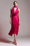 Robe formelle midi en satin de satin fleuri fuchsia