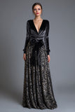 Robe longue formelle noire scintillante à paillettes avec noeud