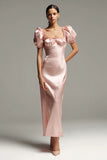Robe longue formelle fourreau en satin rose avec manches