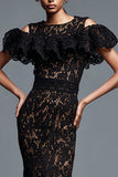 Robe longue formelle en dentelle sirène noire avec volants