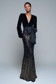 Robe longue formelle à col en V à paillettes sirène noire scintillante avec nœud