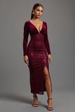 Robe longue formelle à paillettes fourreau bordeaux scintillante avec fente