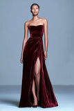 Robe formelle bustier en velours bordeaux une ligne avec fente