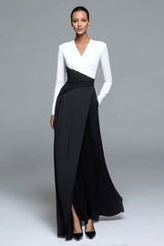 Robe formelle trapèze à col en V noire et blanche