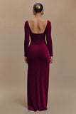 Robe formelle à manches longues en velours fourreau bordeaux avec fente