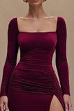 Robe formelle à manches longues en velours fourreau bordeaux avec fente