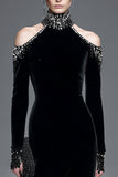 Robe formelle en velours noir à col haut et manches longues